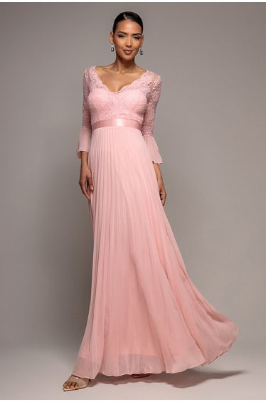 Goddiva Scalloped Lace Bodice Pleated Chiffon A Line Maxi Dress - Blush Pink
