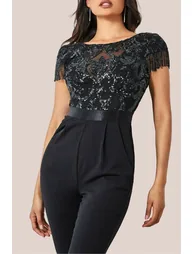 Goddiva Tassel Sequin Jumpsuit - Black - 2