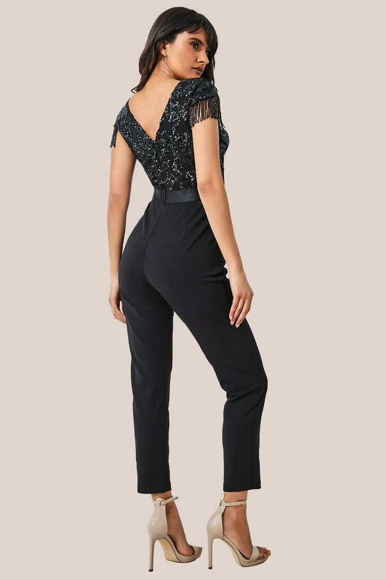 Goddiva Tassel Sequin Jumpsuit - Black - 1