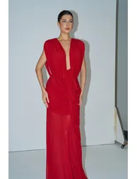 See The City Red Deep V-Neck Ruched Maxi Dress - 10