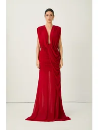 See The City Red Deep V-Neck Ruched Maxi Dress