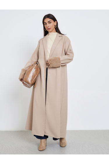 Collared Abaya with Faux Fur Trim Cuff