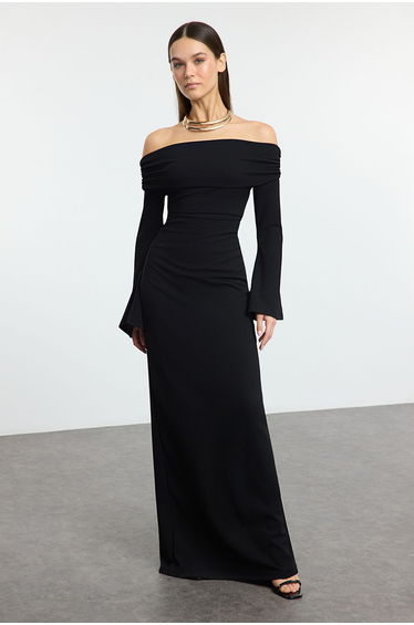Black Knitted Carmen Neckline Long Stylish Evening Dress