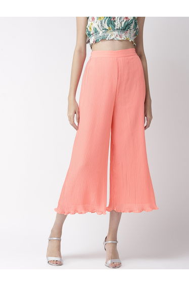 Women Peach Pleated Flared Trousers