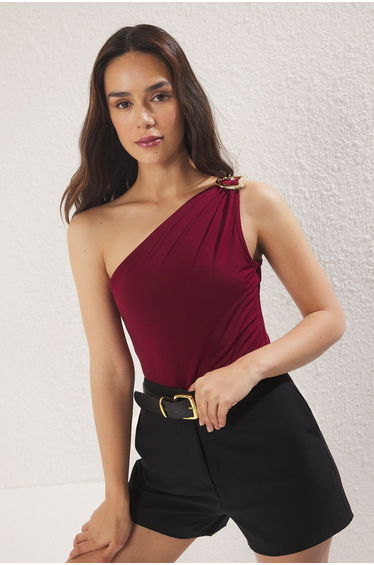 Burgundy Buckled Accessory Detail Fitted/Fits the Body Snap Elastic Knitted Bodysuit