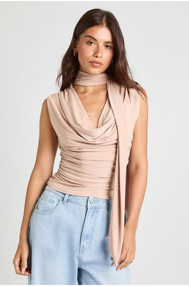 Ruched Cowl Scarf Detail Top - stone