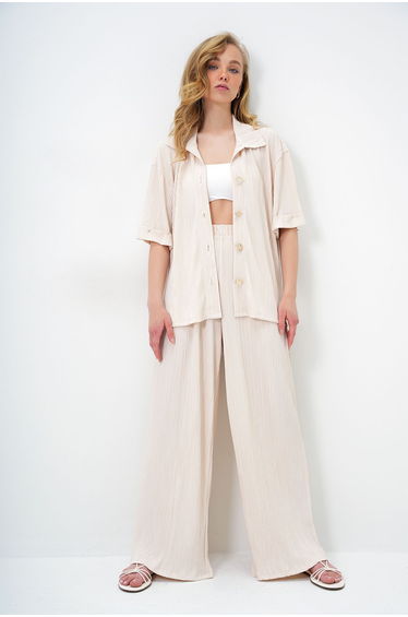 Women's Beige Double Cuff Gold Button Detailed Pleated Shirt and Palazzo Pants Set