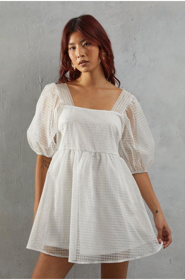 Burnout Gingham Organza Square Neck Mini Smock Dress