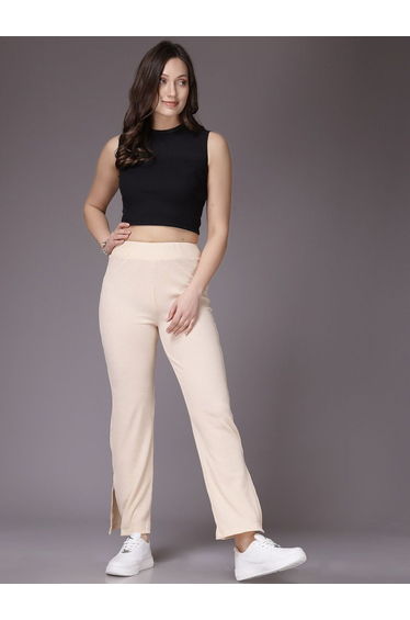 Women Cream Ribbed Solid Trousers