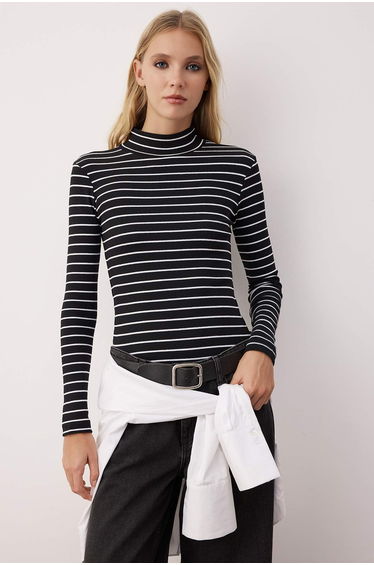 Black Striped Fitted/Body-Smoothing Stand-Up Collar Long Sleeve Ribbed Stretch Knitted Medium Blouse
