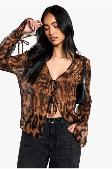 Printed Long Sleeve Collared Top with Tie Front Detail - black
