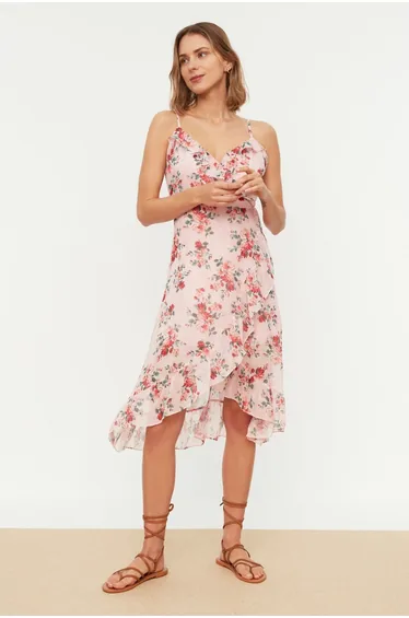 Pink Floral Chiffon A-Line Midi Skater Dress