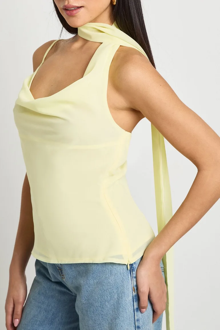 Chiffon Scarf Detail Cowl Top - lemon - 3