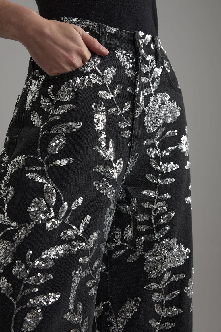 Denim All Over Floral Sequin Wide Leg Trousers - 1