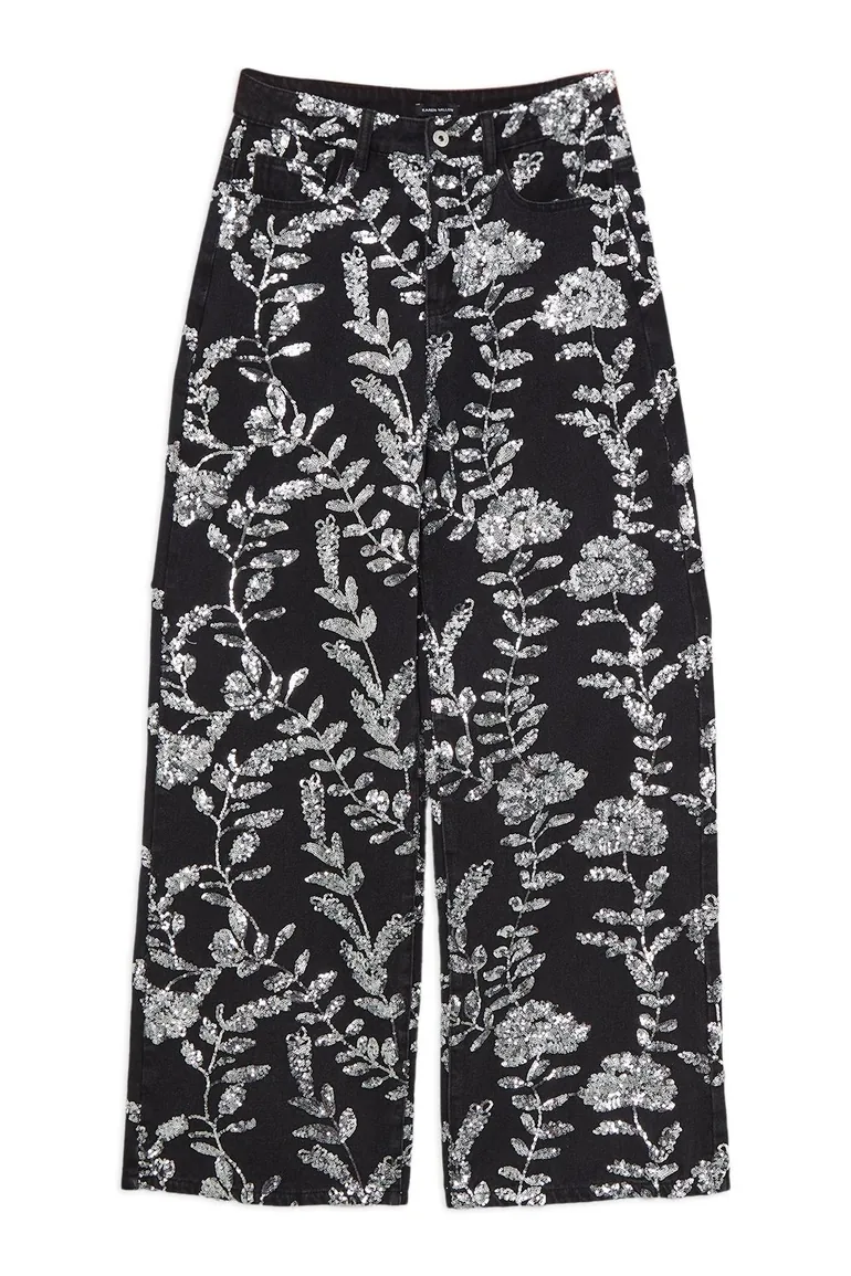 Denim All Over Floral Sequin Wide Leg Trousers - 2
