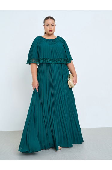 Plus Size Teal A-Line Maxi Dress with Lace Cape