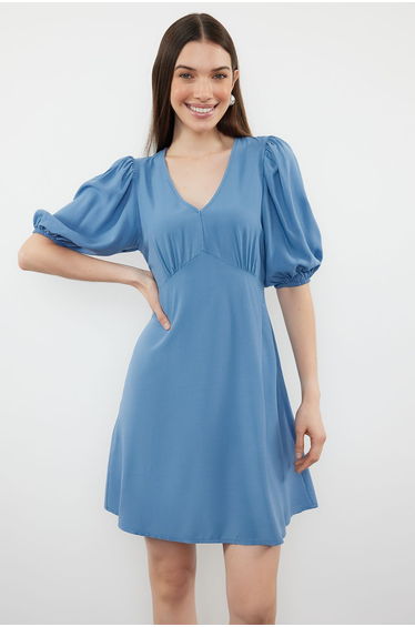 Indigo Skirt Flounced Balloon Sleeve Mini Woven Dress