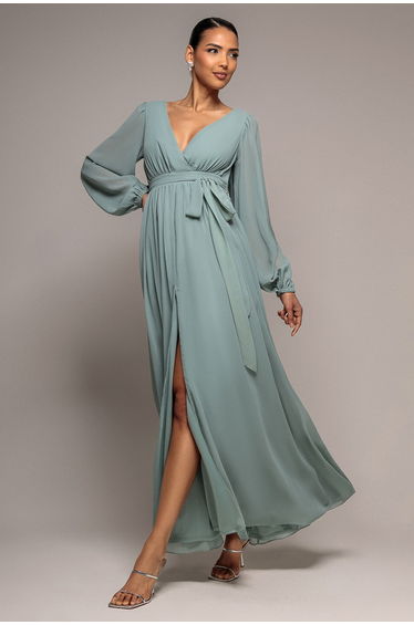 Sustainable Front Split Wrap Style Chiffon Maxi Dress - Sage Green by Goddiva