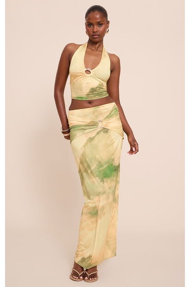 Green Abstract Print Ruched Detail Flowy Maxi Skirts