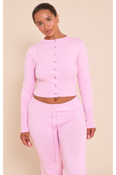 Shape PINK Knitted Button Front Wide Rib Cardigan