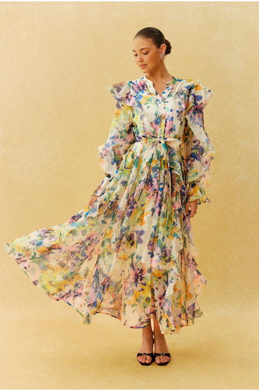 In Full Bloom Multi Floral Ruffle Long Sleeve Maxi Dress