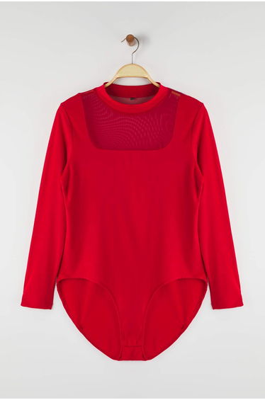 Red Fitted/Fits the Body Tulle Detailed Long Sleeve Stand-up Collar Flexible Snap Knitted Bodysuit
