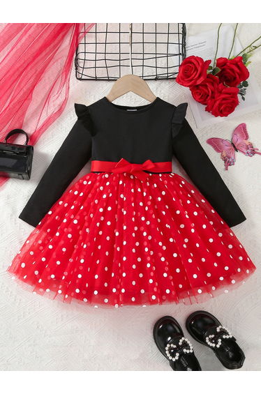Girls Bow Detail Polka Dots Printed Mesh Hem Dress