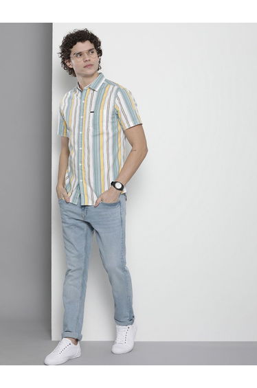 Men White Striped Short Sleeve Shirt