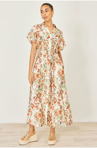 Yumi Ivory Viscose Relaxed Boho Print Maxi Shirt Dress