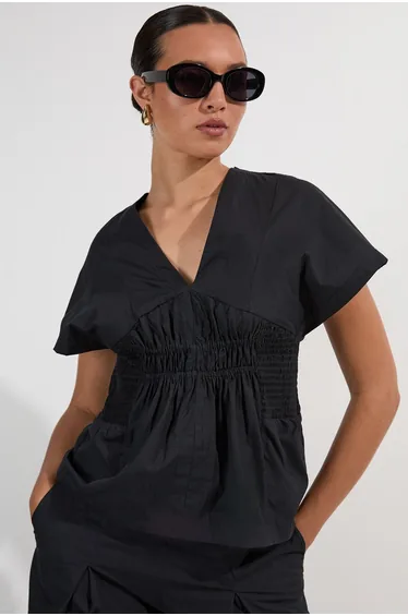 Shirred Cotton Woven Plunge Neck Short Sleeve Top