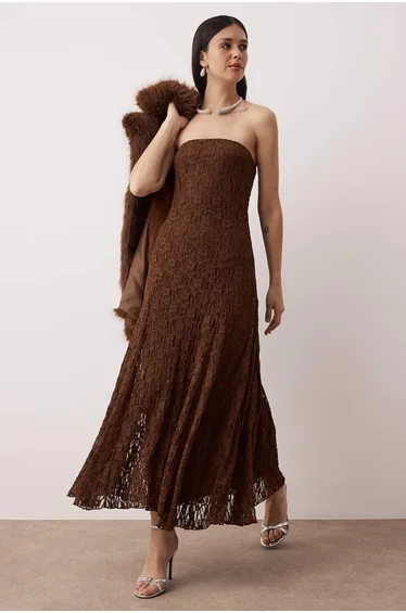 فستان ميدي دانتيل سترابليس مبطن سادة - بني