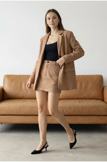 Brown woven suede long jacket mini skirt bottom top set