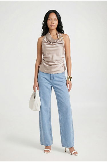 Gold Trim Halter Satin Top - taupe