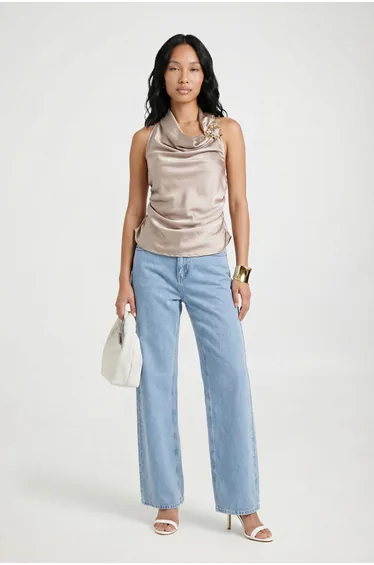 Gold Trim Halter Satin Top - taupe