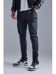 Tall Skinny Stacked Coated Twill Cargo Trouser - black
