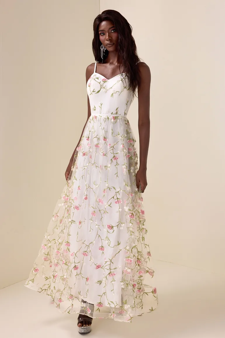 mesh embroidered maxi dress Daisy Mesh Embroidery Maxi Dress - Cream