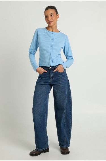 Stripe Button Through Long Sleeve Top - light blue