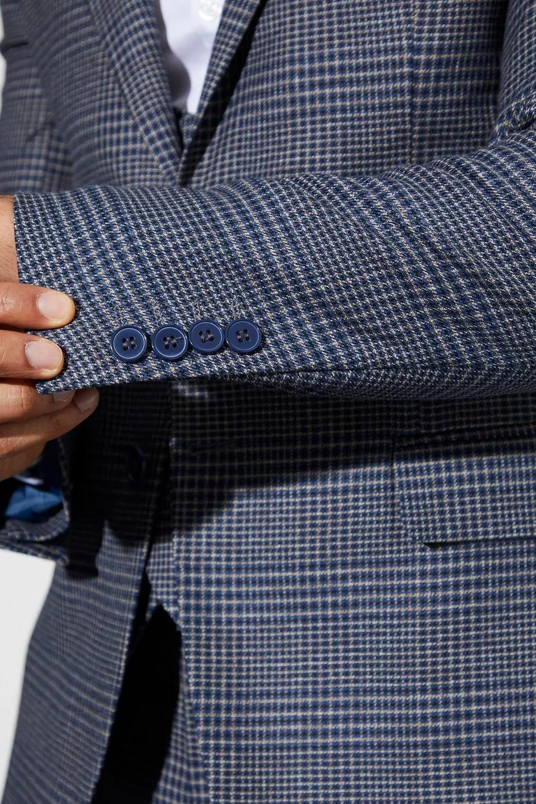Skinny Single Breasted Check Suit Jacket - navy - 2