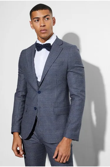 Skinny Single Breasted Check Suit Jacket - navy