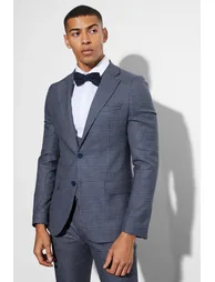 Skinny Single Breasted Check Suit Jacket - navy