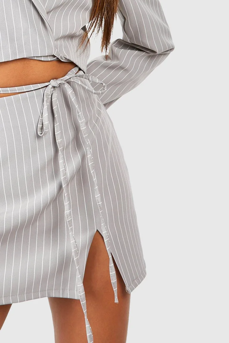Pinstripe Split Front Micro Mini Skirt - grey - 3