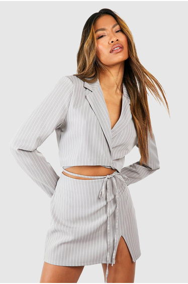 Pinstripe Split Front Micro Mini Skirt - grey