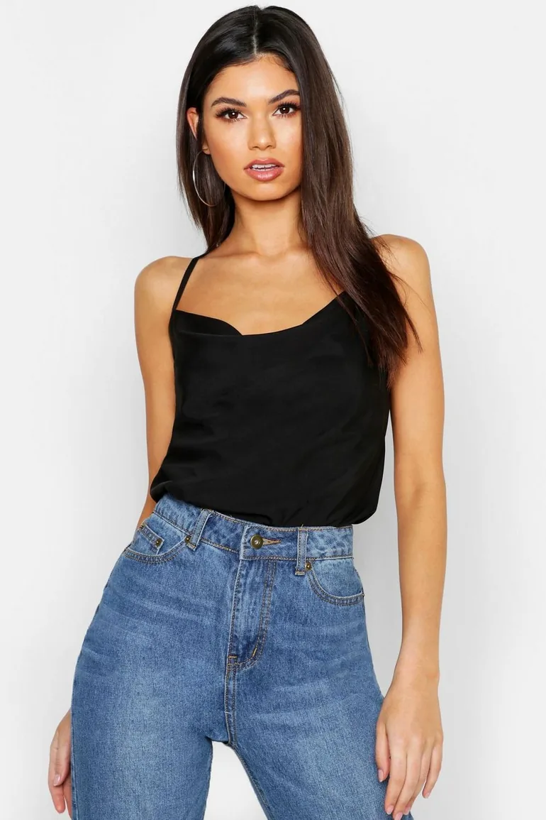 Cowl Neck Cross Back Cami Top KHAKI 10 - black - 1