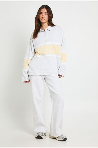 Embroidered Contrast Panel Rugby Top - ash grey