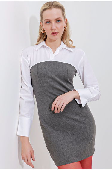 BDART Color Blocked Mini Dress with Shirt Collar and Bow