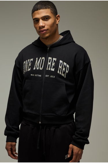 One More Rep Shrunken Boxy Zip Through Hoodie - black