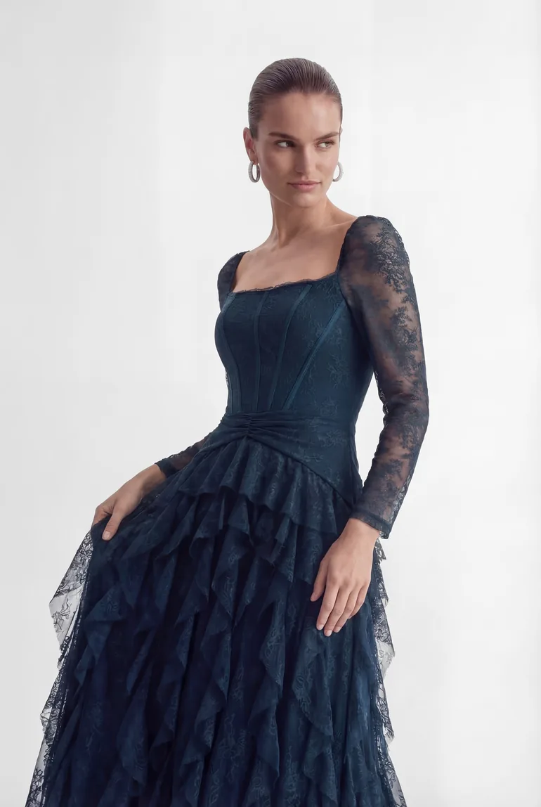 Romantic Tales Blue Lace Corset Bodice Ruffled Maxi Dress - 6