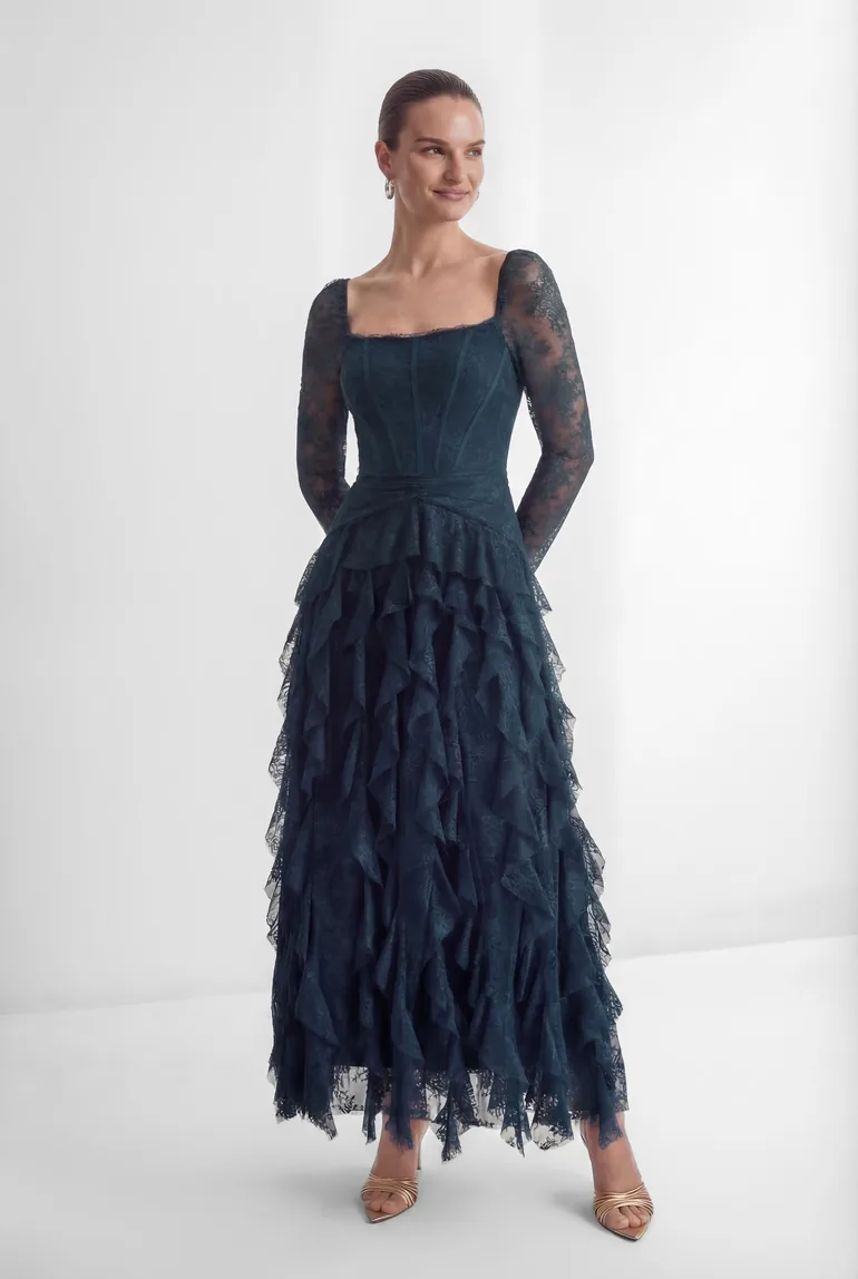 Romantic Tales Blue Lace Corset Bodice Ruffled Maxi Dress - 3