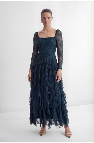 Romantic Tales Blue Lace Corset Bodice Ruffled Maxi Dress