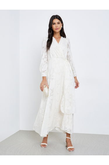 All-Lace Balloon Sleeves Wrap Maxi Dress